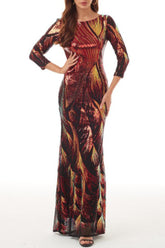 Elegante vestido de noche universitario con cuello redondo, lentejuelas y patchwork en bloques de color